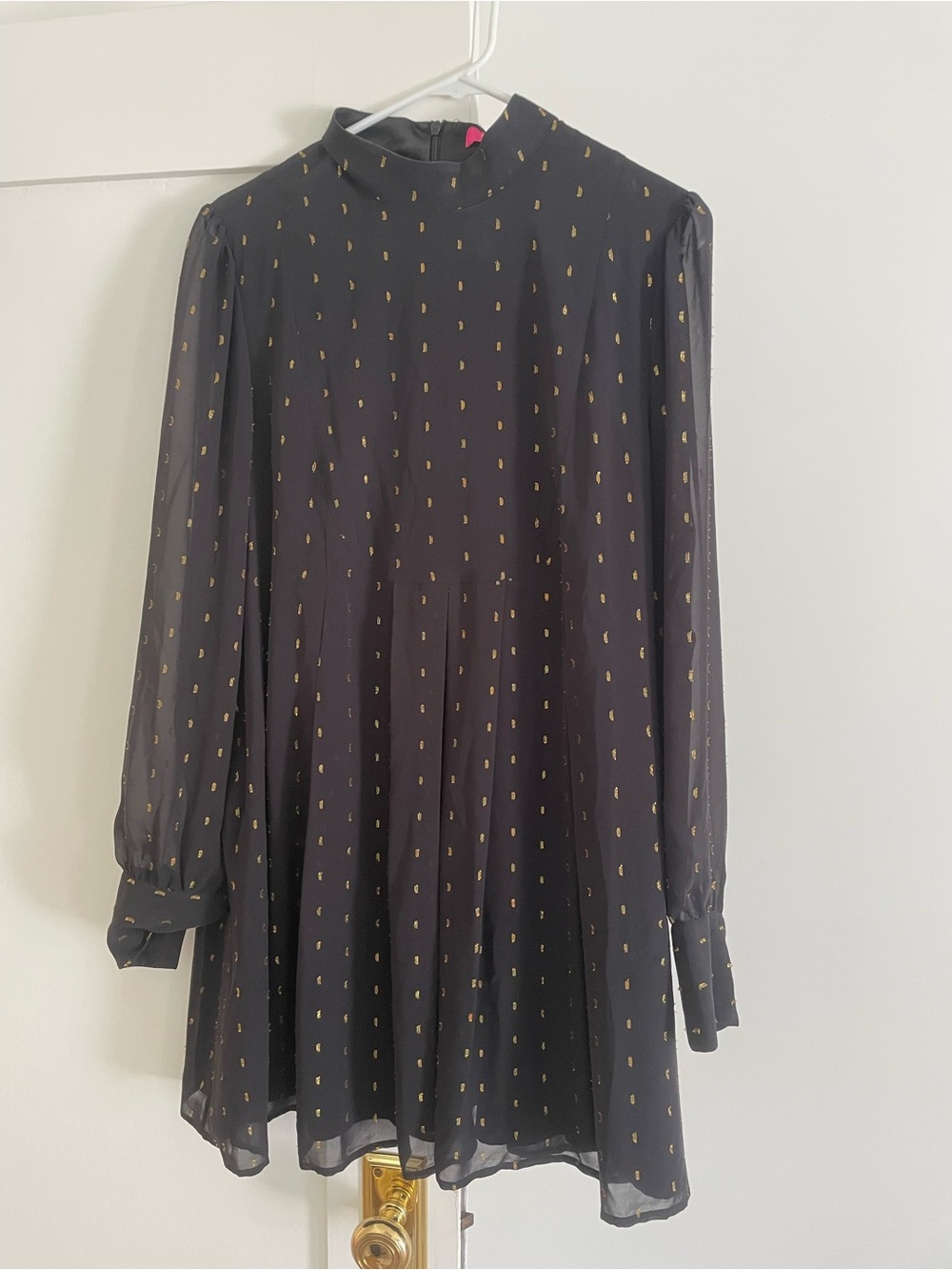 Black Long-Sleeve Mini Dress with Gold Accents